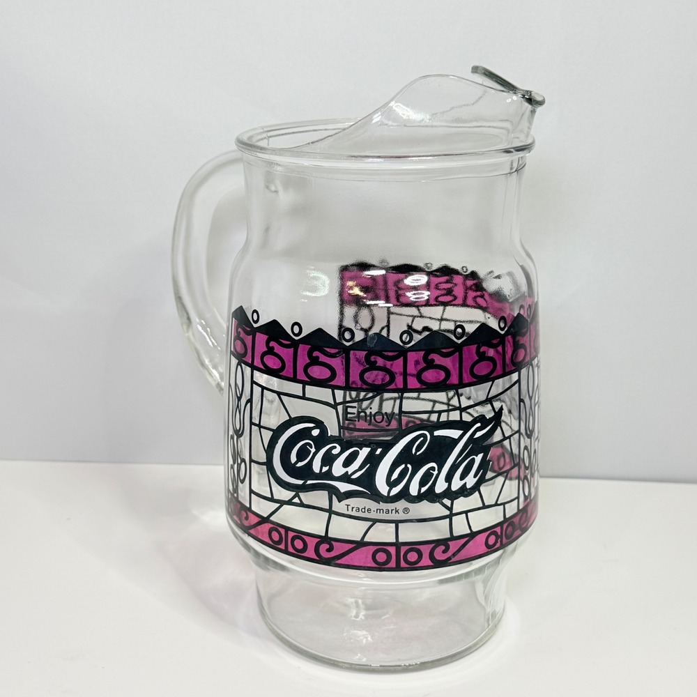 Vintage Coca-Cola Glass Pitcher Pink Stained Glass‎ Logo Ice Lip 9 Inch Clear